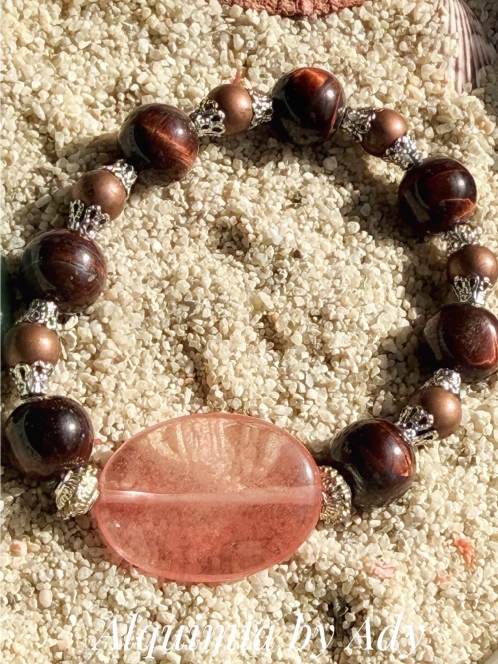 BRUTALIST Rose Pink QUARTZ& TIGER EYE Stretch Bracelet with Silver Accents